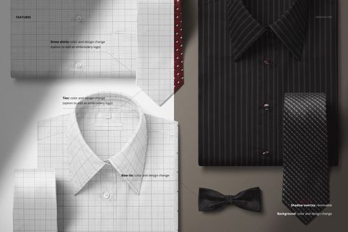 Men’s dress shirt mockup featuring two shirts, one white with grid pattern and one black with pinstripes, shown with ties and bow tie.