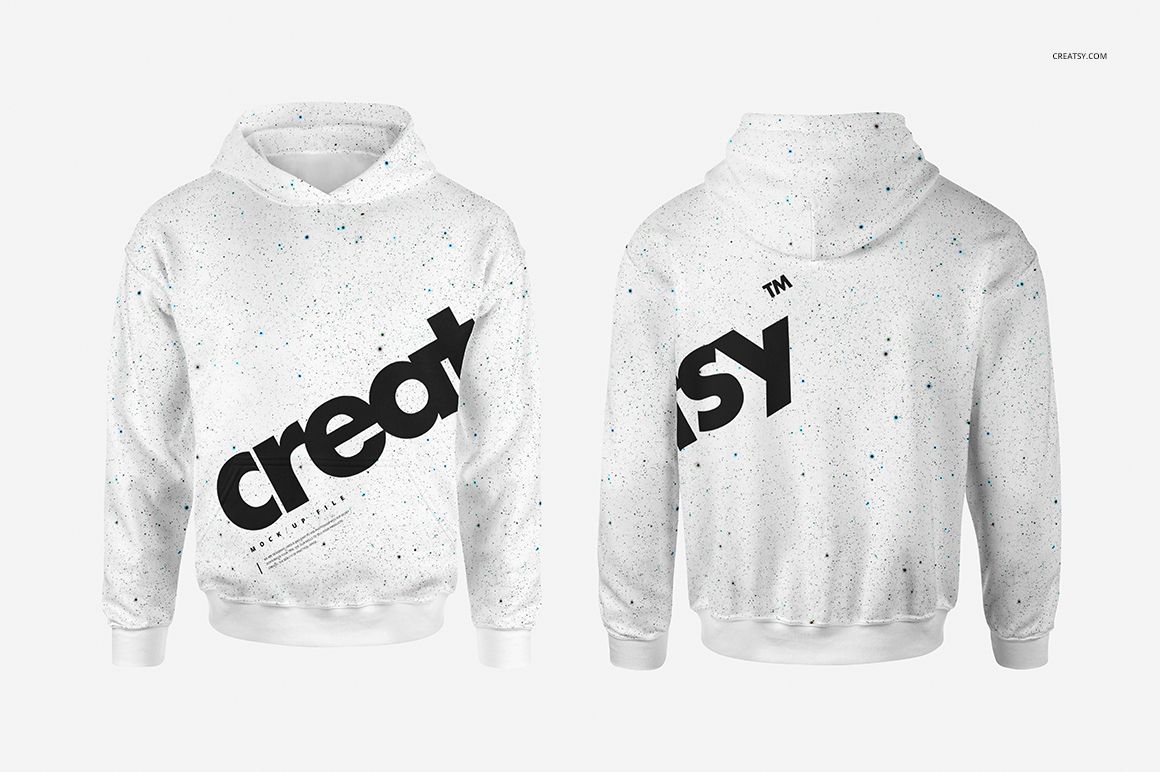 Men's hoodie mockup displayed from front and back angles, white fabric with scattered blue and black speckles.