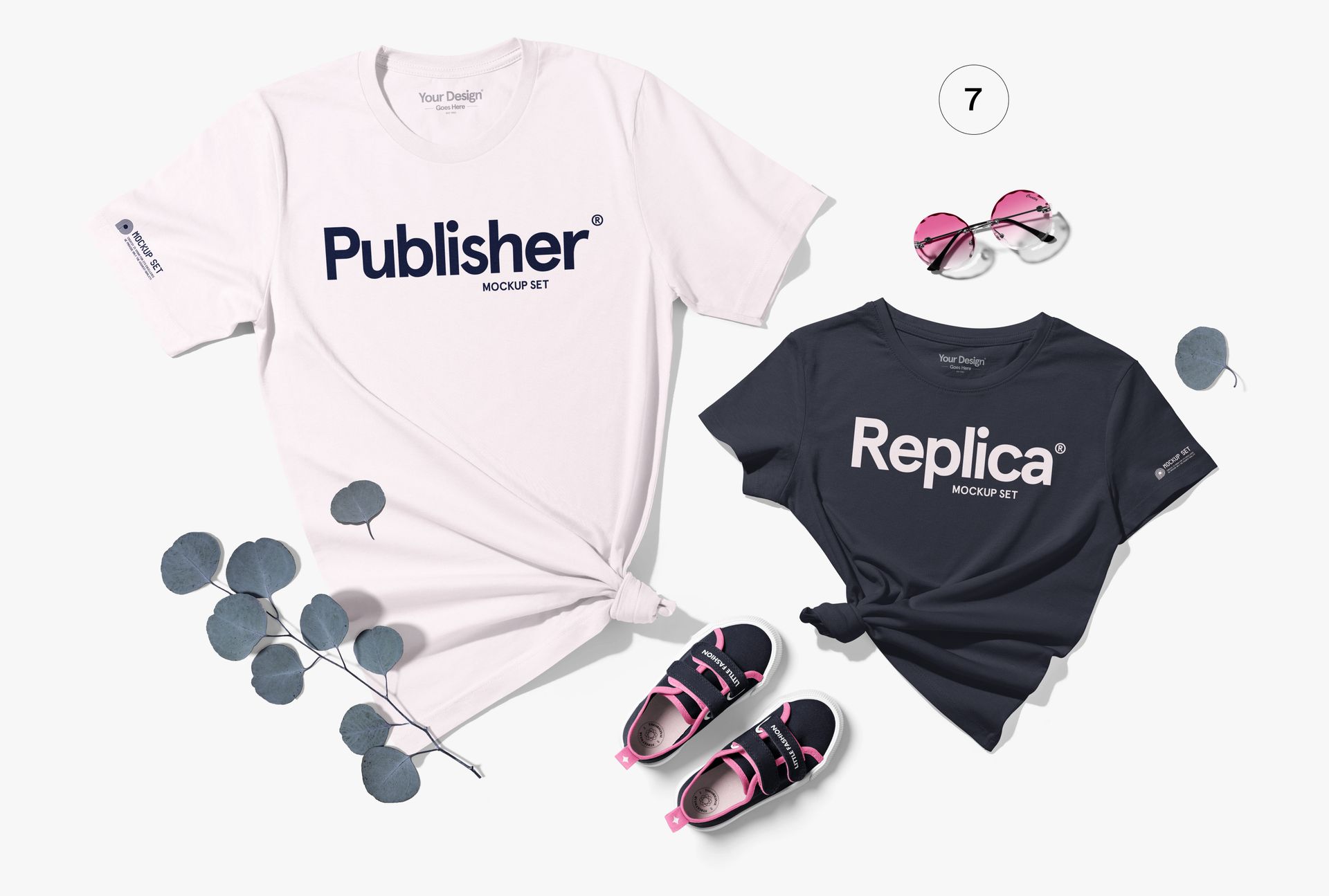 PSD mockup featuring two short-sleeve shirts in contrasting colors, surrounded by casual accessories on a light background.