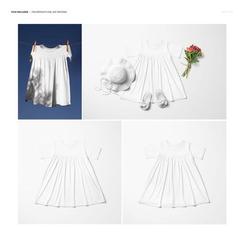 Short sleeve swing dress mockup shown in four scenes, including hanging outdoors and styled with spring accessories.