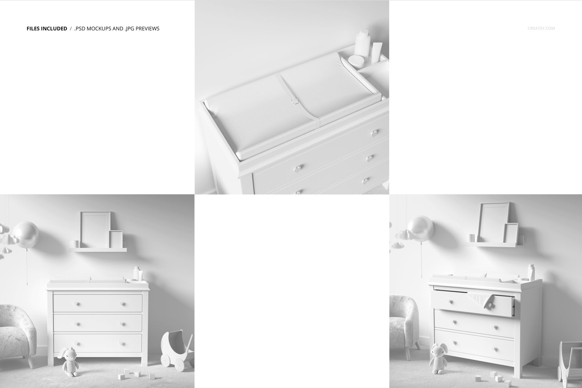 Baby room changing pad mockup showing a padded mat on top of a white dresser, viewed from above and front.