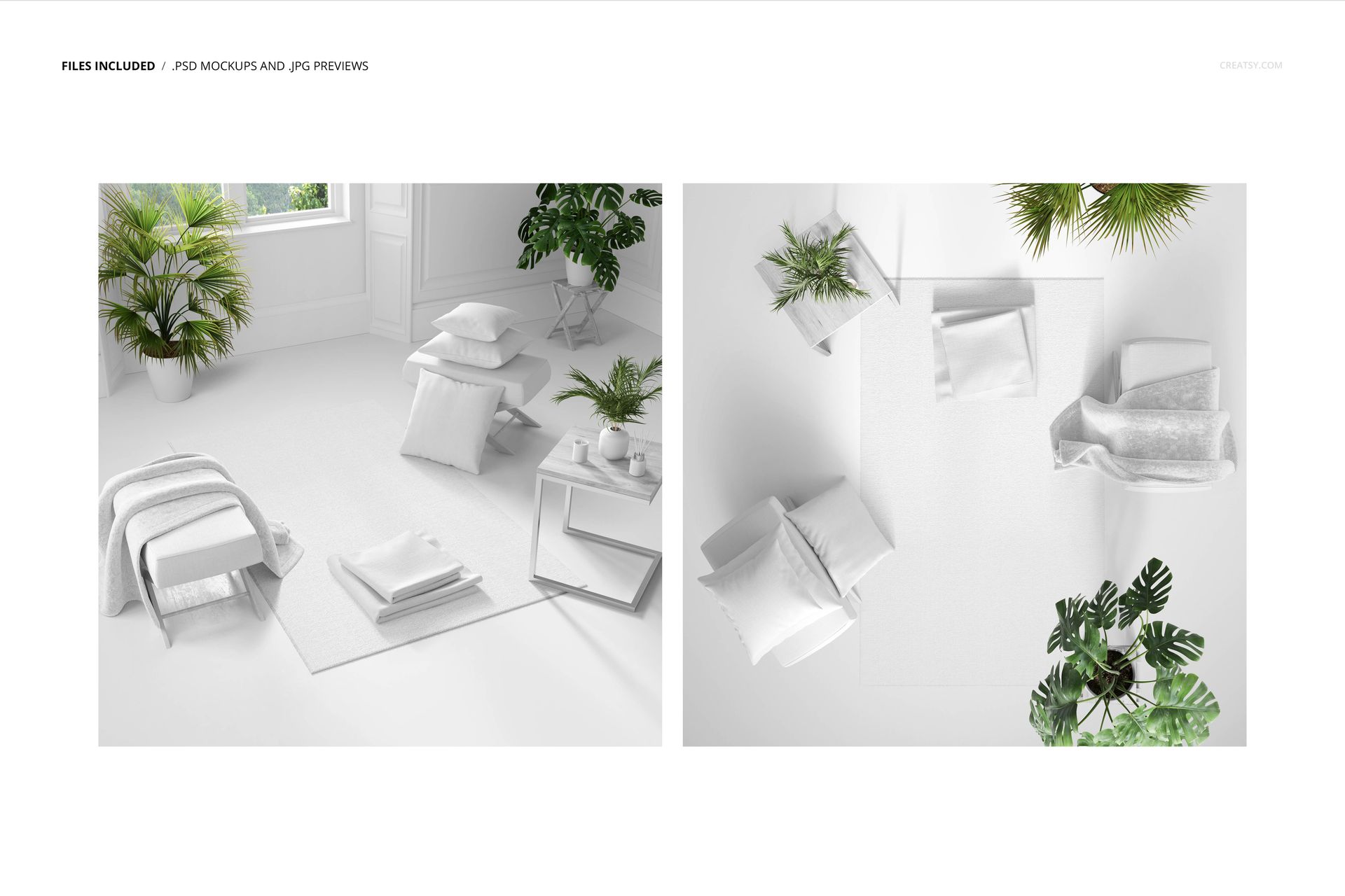 Home textiles mockup set with pillows and blankets arranged on a white rug, surrounded by green plants in a sunlit space.