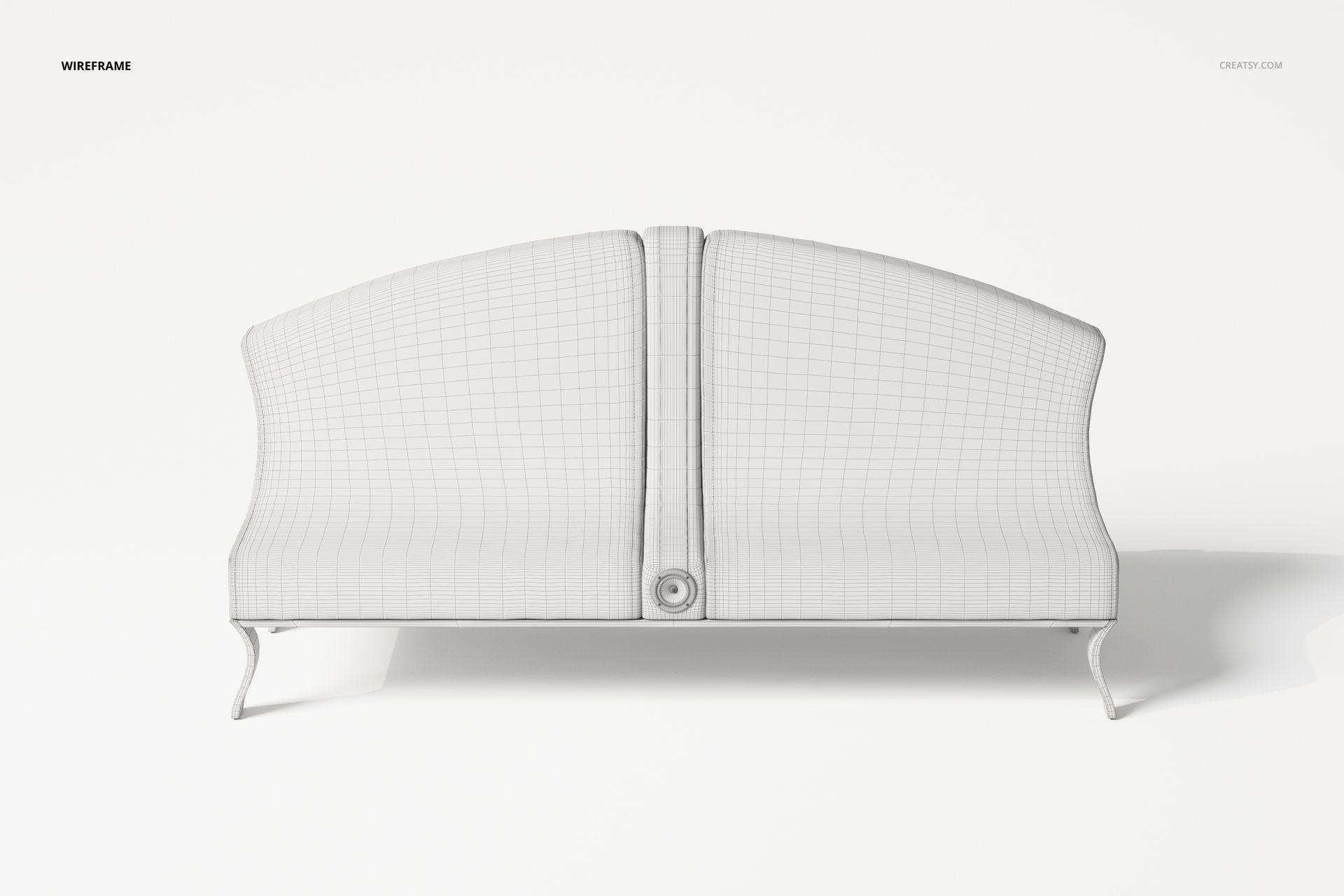 Front view of a 3D modeled Art Nouveau sofa in white wireframe, featuring curved lines and grid detailing.