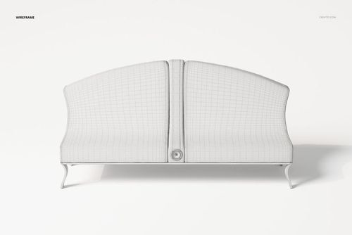 Front view of a 3D modeled Art Nouveau sofa in white wireframe, featuring curved lines and grid detailing.