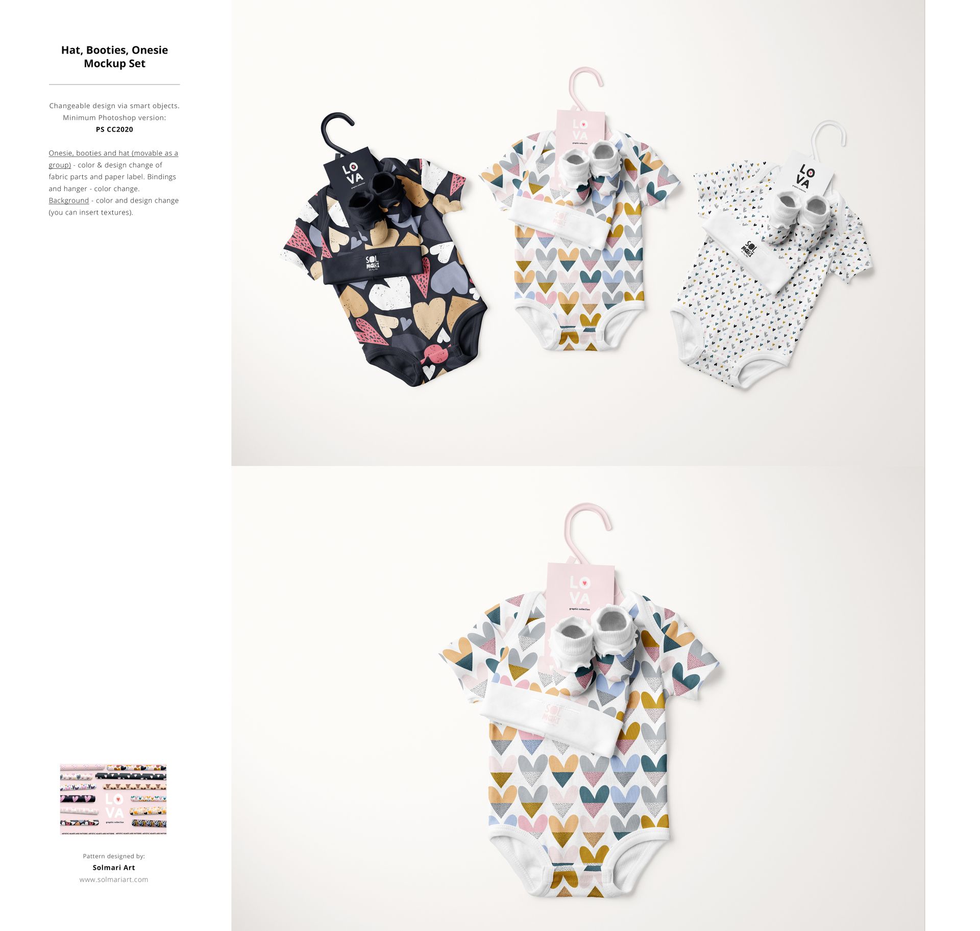 PSD mockup showing baby onesies in heart and polka dot patterns, paired with booties and hats on a light background.