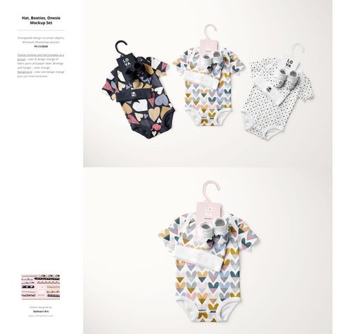 PSD mockup showing baby onesies in heart and polka dot patterns, paired with booties and hats on a light background.