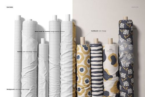 Front view of multiple fabric rolls mockup, left side with plain grid pattern, right side with colorful floral designs.