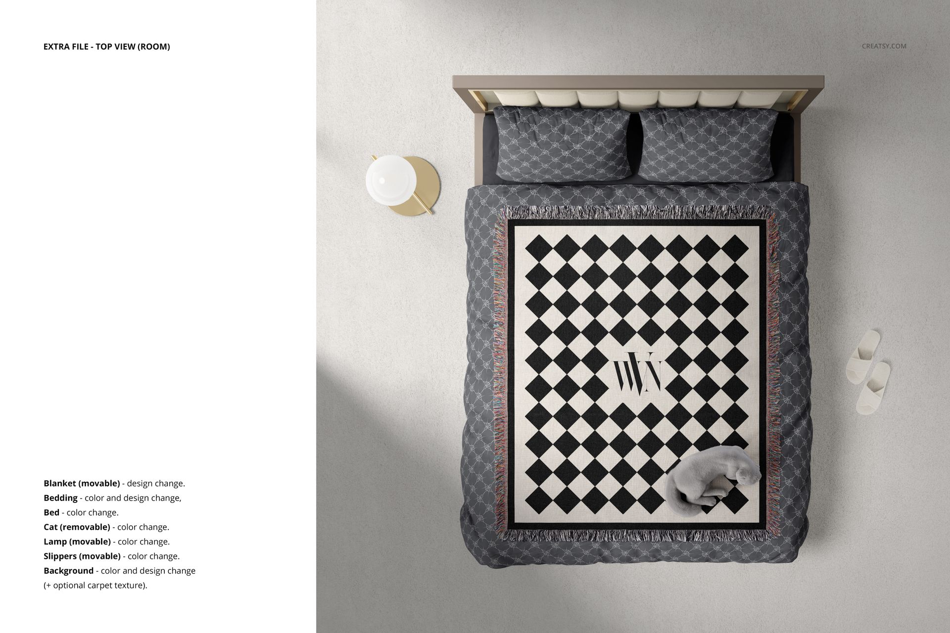 Mockup scene showing a bed with patterned jacquard blanket, pillows, bedside table and lamp from a top perspective.