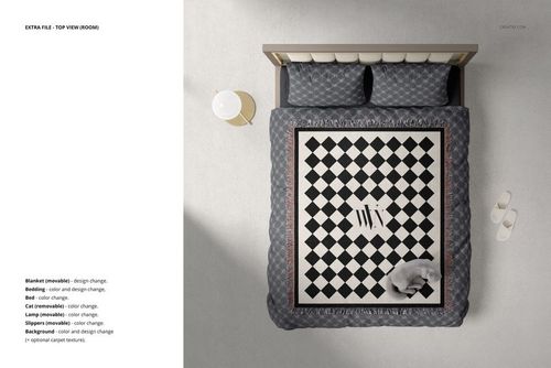 Mockup scene showing a bed with patterned jacquard blanket, pillows, bedside table and lamp from a top perspective.