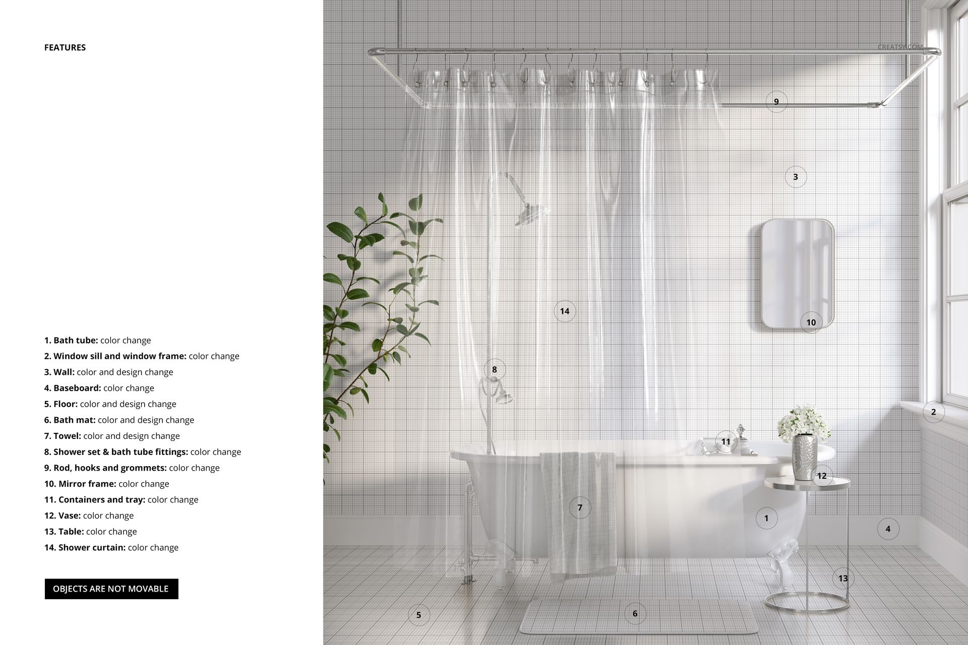 Front view of a bathroom mockup featuring a translucent shower curtain, white tub, towel, small table, and wall mirror.