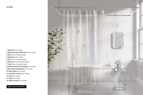 Front view of a bathroom mockup featuring a translucent shower curtain, white tub, towel, small table, and wall mirror.