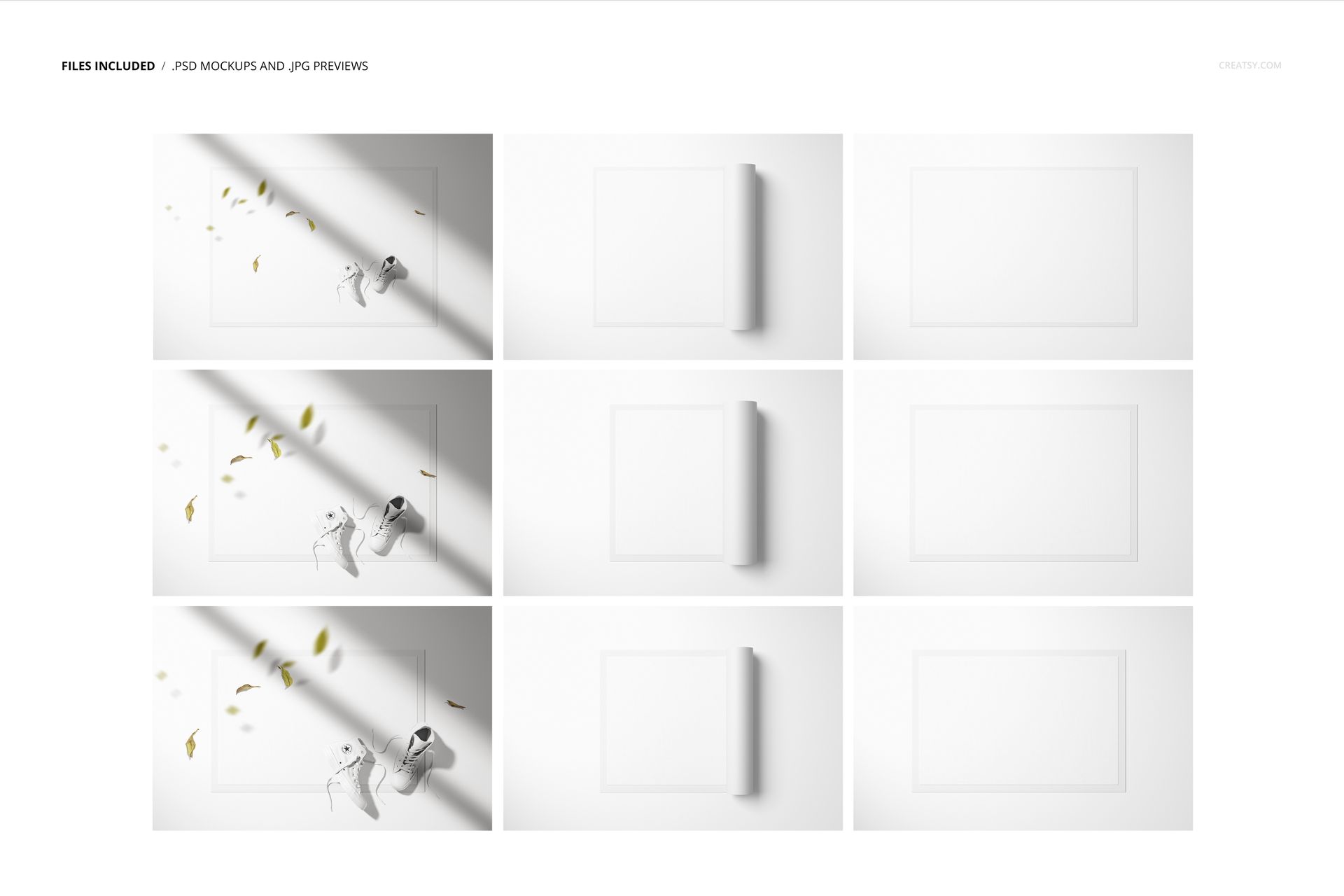Set of door mat mockups shown from top view, featuring plain white mats with autumn leaves and shoes as props.