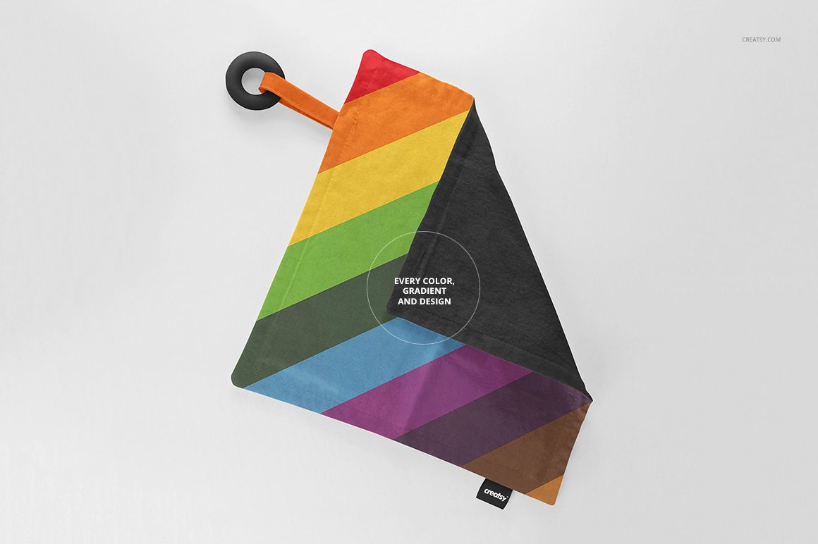 Teething blanket mockup featuring colorful diagonal stripes, black teething ring, and a visible label on white background.