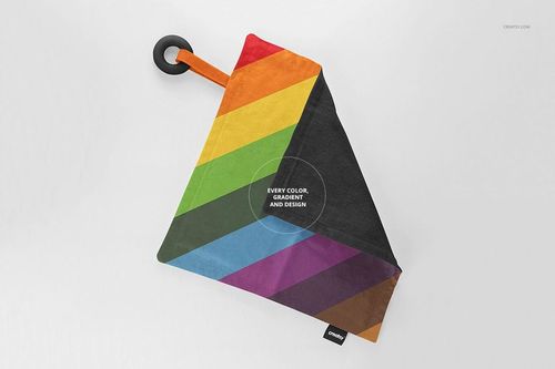 Teething blanket mockup featuring colorful diagonal stripes, black teething ring, and a visible label on white background.