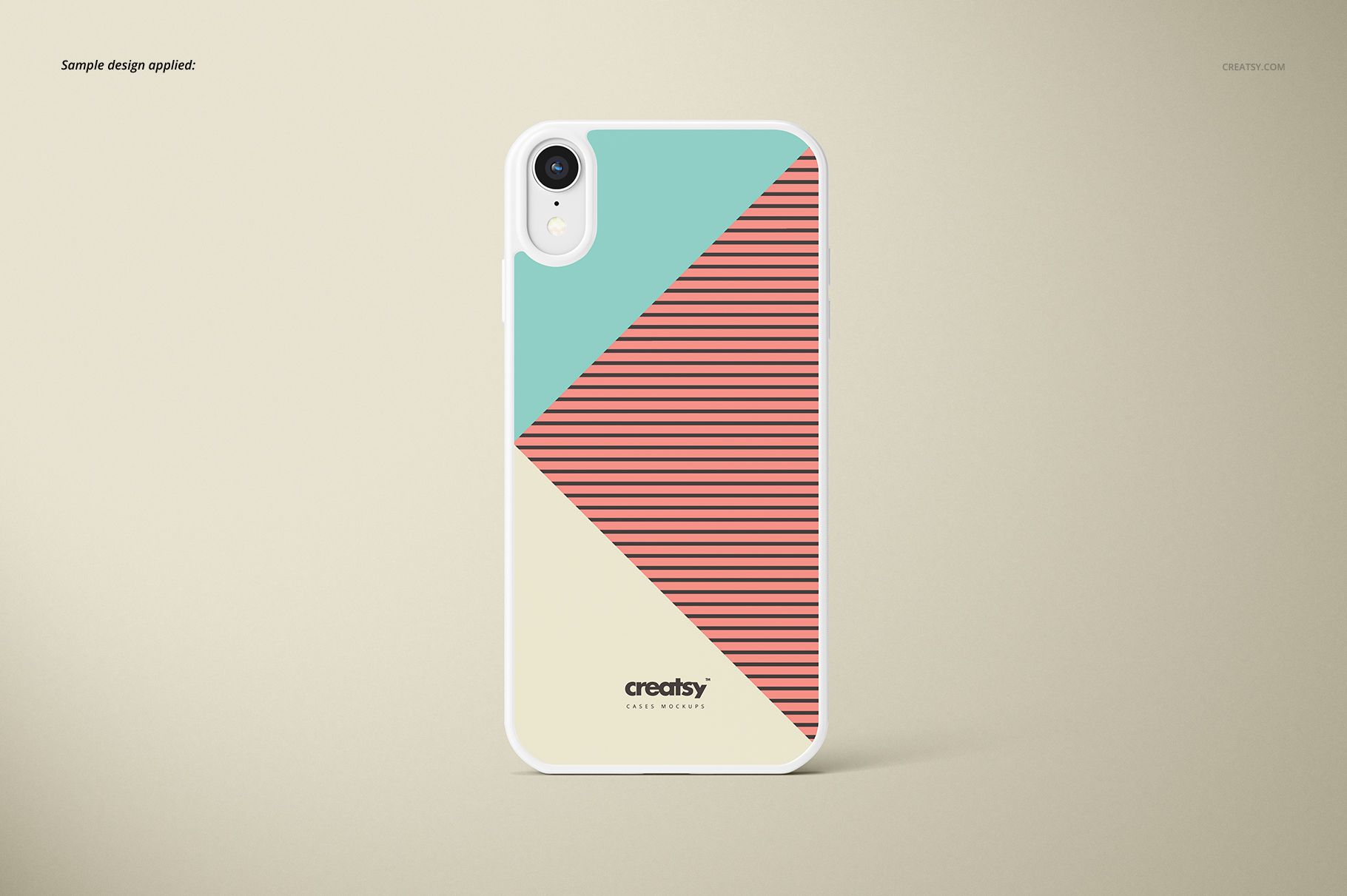 iPhone XR 2D case mockup displaying a white border and colorful geometric pattern, viewed from a straight-on angle.