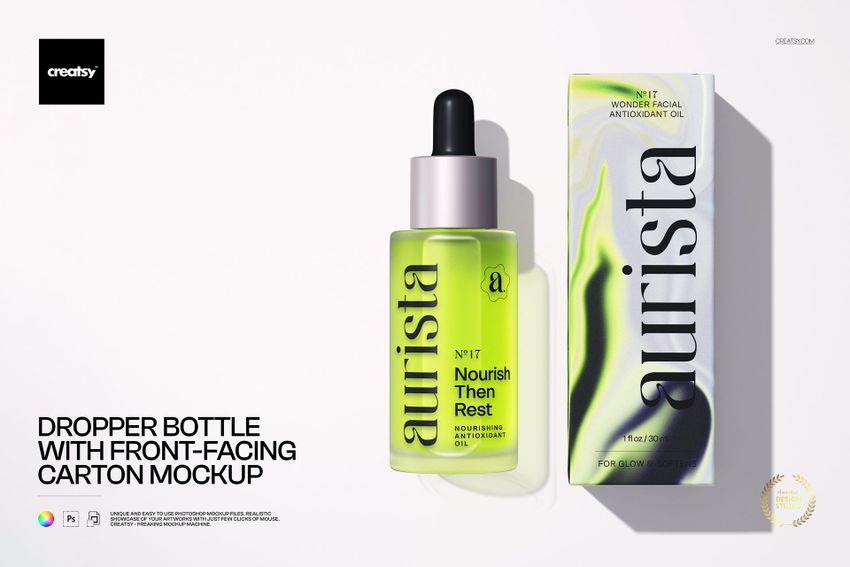 Cosmetics mockup showing a green dropper bottle and rectangular carton with modern graphics, presented in bright lighting.