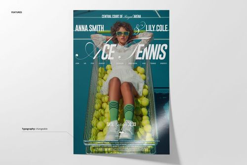 Poster mockup featuring a person in a white dress lying in a shopping cart filled with yellow tennis balls, front view.
