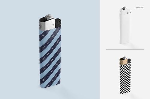 Mockup of three upright lighters in various styles, including blue stripes, black-and-white checks, and solid white.