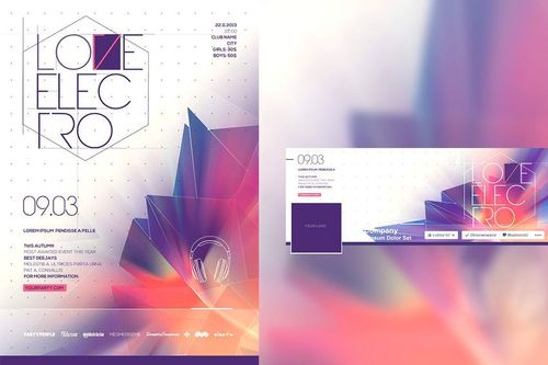 Electro Love poster and Facebook cover mockup with polygonal graphics, soft purple and pink hues, and modern text layout.