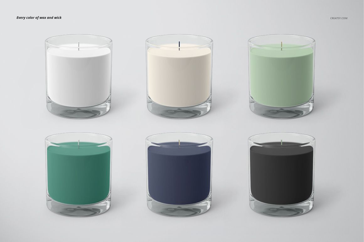 Six glass jar candles with assorted wax colors, displayed side by side in a classic candle PSD mockup scene.
