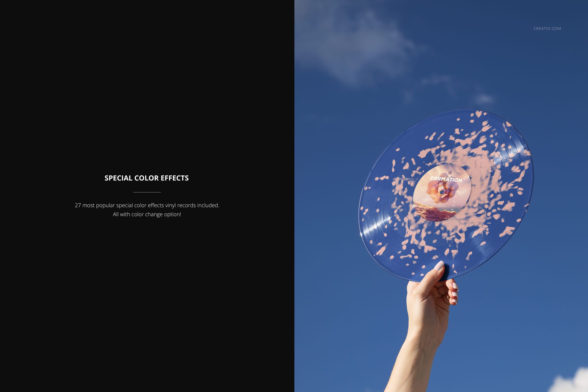 Colored vinyl record mockup shown in a hand, with abstract light effects and a vivid sky as the backdrop.
