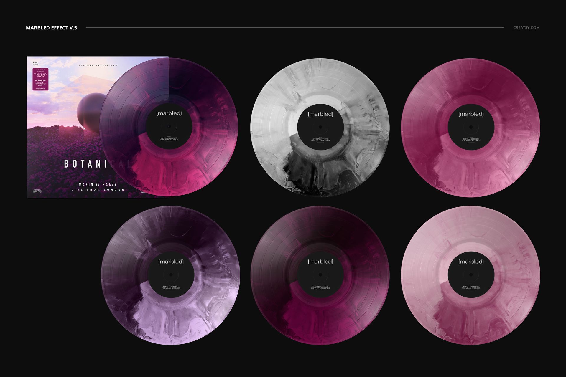Mockup set displaying six vinyl records in pink, purple, and gray tones alongside a cover on a dark background.