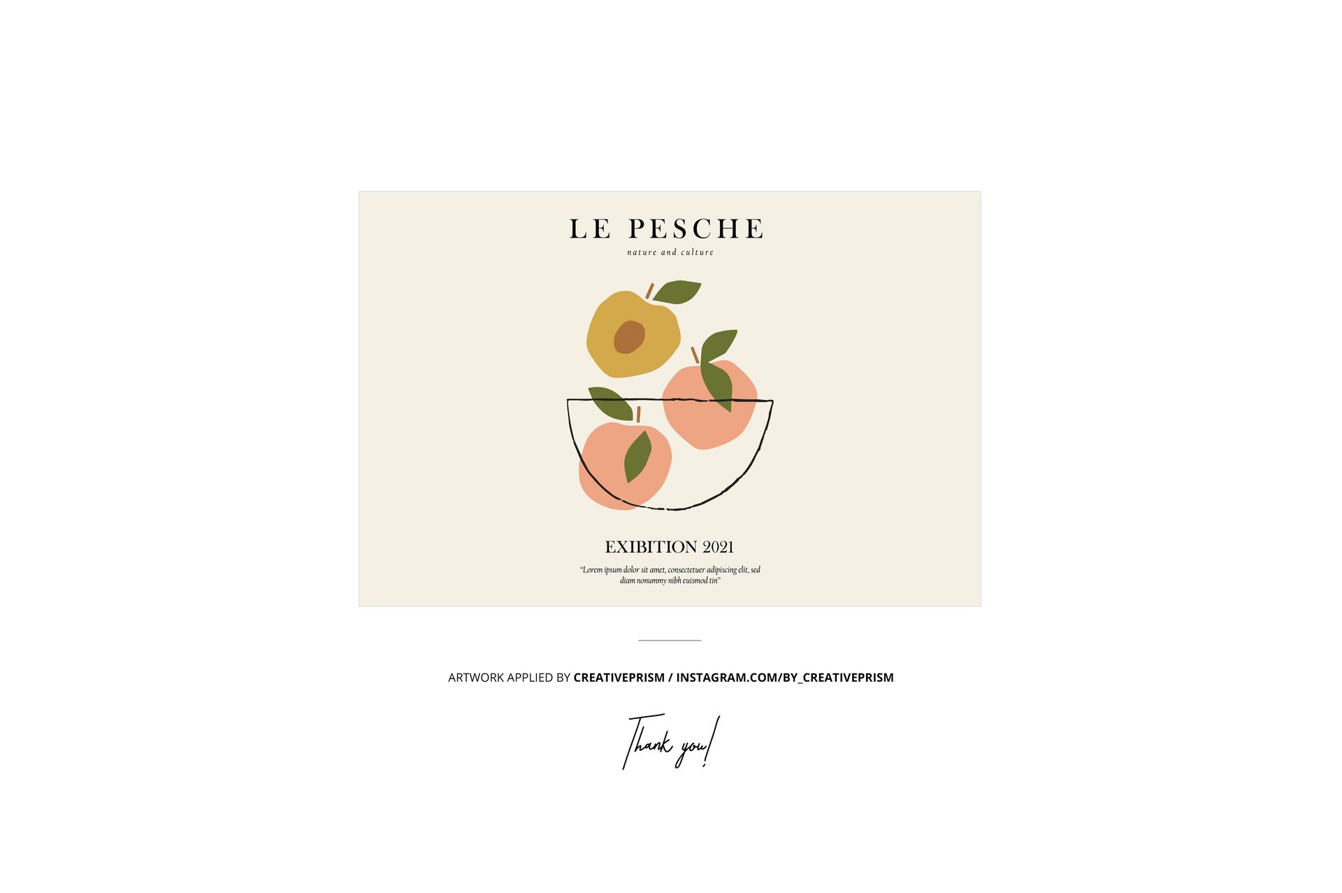 Front view of a tote bag mockup featuring a minimalist fruit illustration with peaches and leaves in a bowl on a light background.