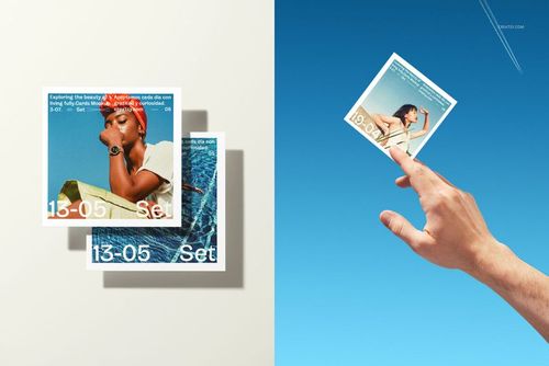 Square custom photo prints mockup set featuring three prints with summer-themed images and bold white text.