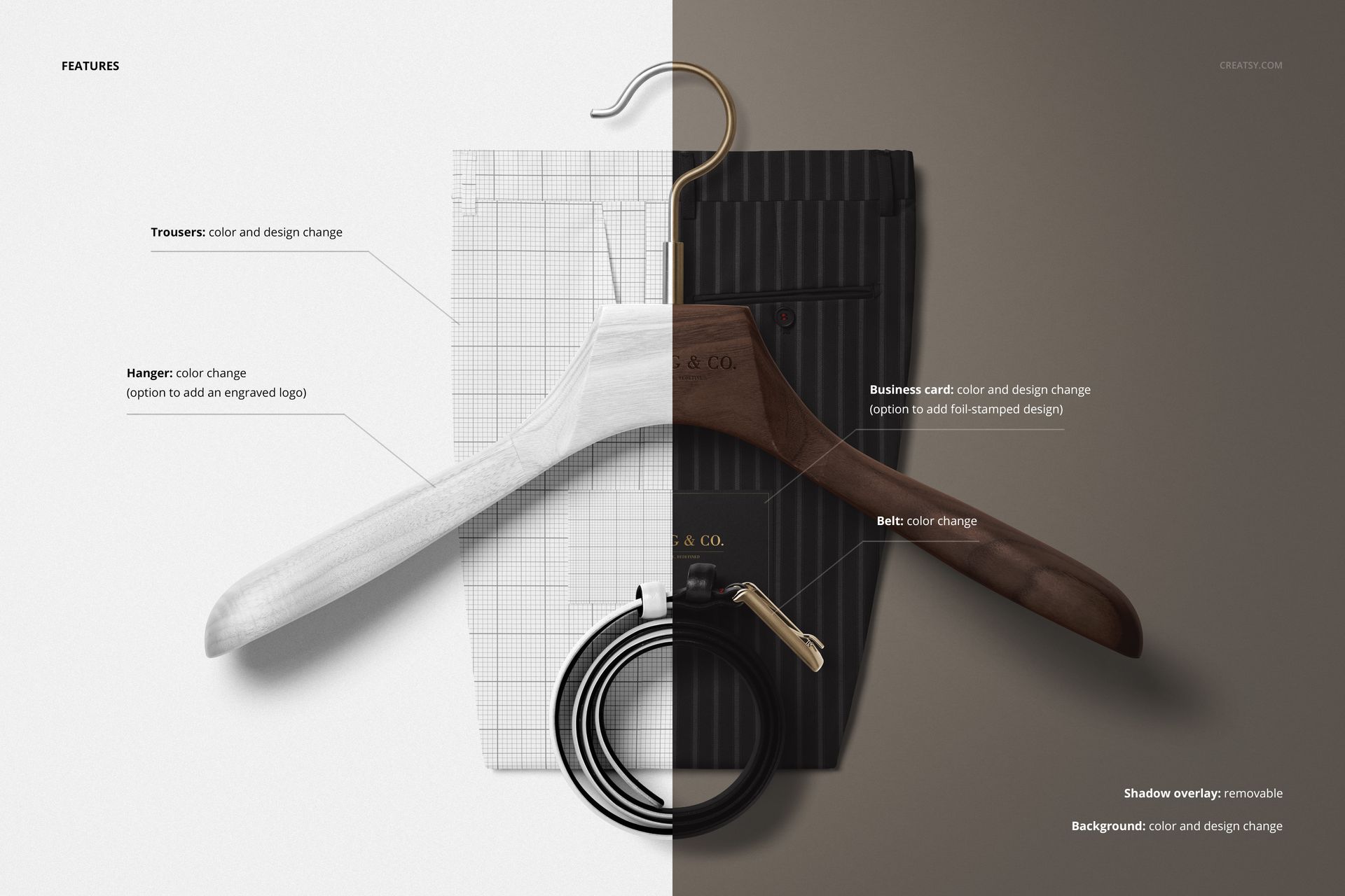 Men’s trousers on a wooden hanger with a leather belt and business card, displayed in a split-color mockup scene.