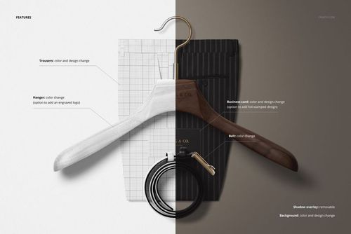 Men’s trousers on a wooden hanger with a leather belt and business card, displayed in a split-color mockup scene.