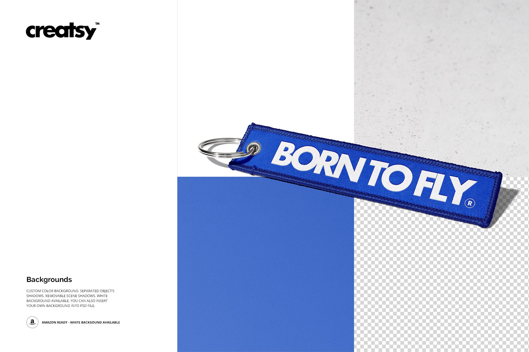 Mockup of a blue fabric keychain featuring white text, presented on a textured and color-blocked background.