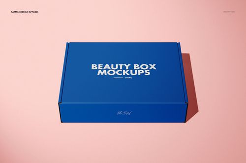 Rectangular mailing box mockup in blue with white text, shown from a top view on a light pink background.