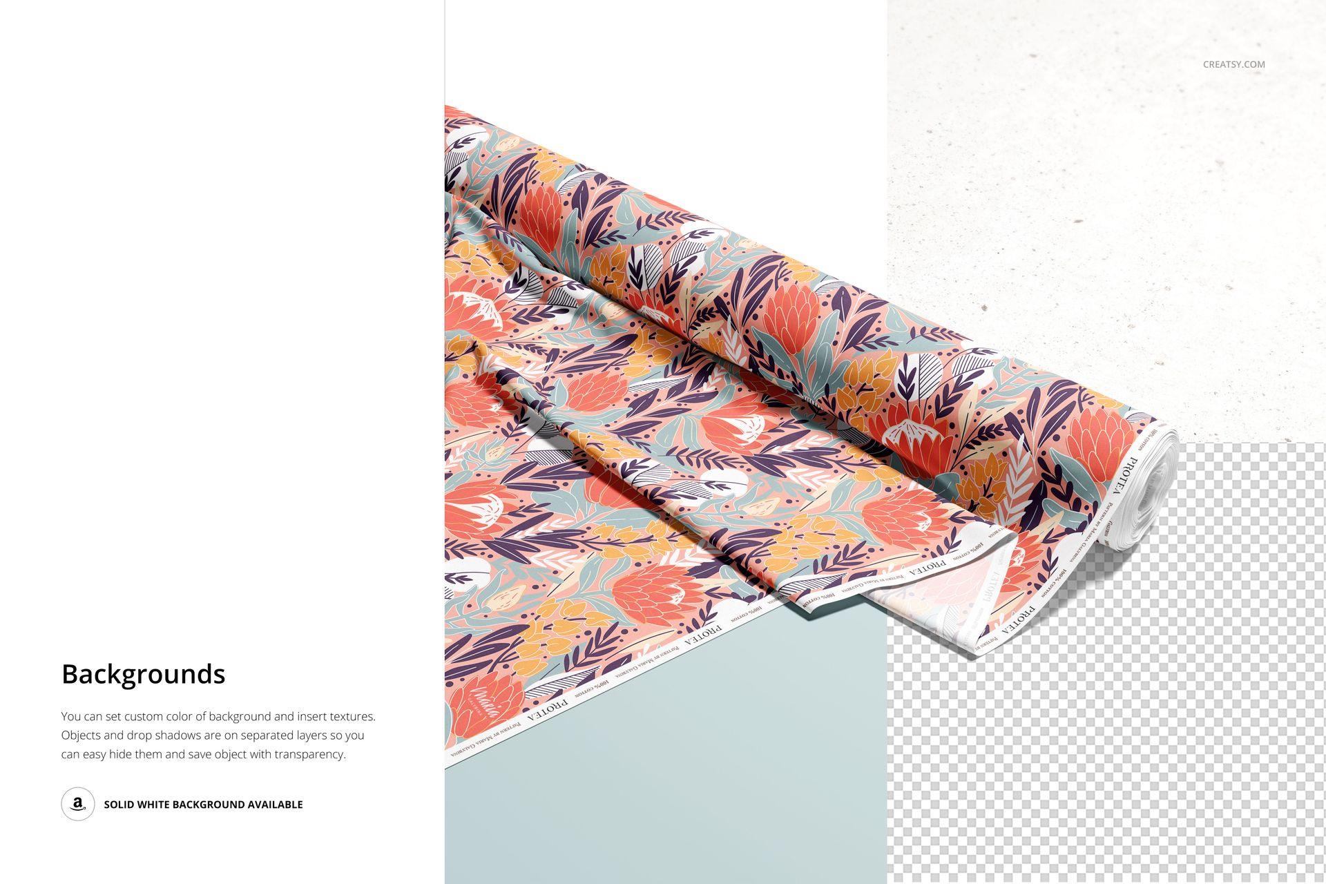 Fabric roll with colorful floral and leaf pattern displayed at an angle on a light surface, PSD mockup scene.