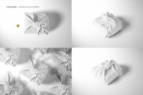 Fabric gift wrap mockup featuring neatly folded white cloth wrapping a box, shown from a top and angled view.