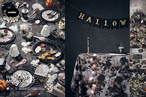Halloween-themed PSD mockup set featuring decorated table settings with ghost figures, pumpkins, and dark floral patterns.