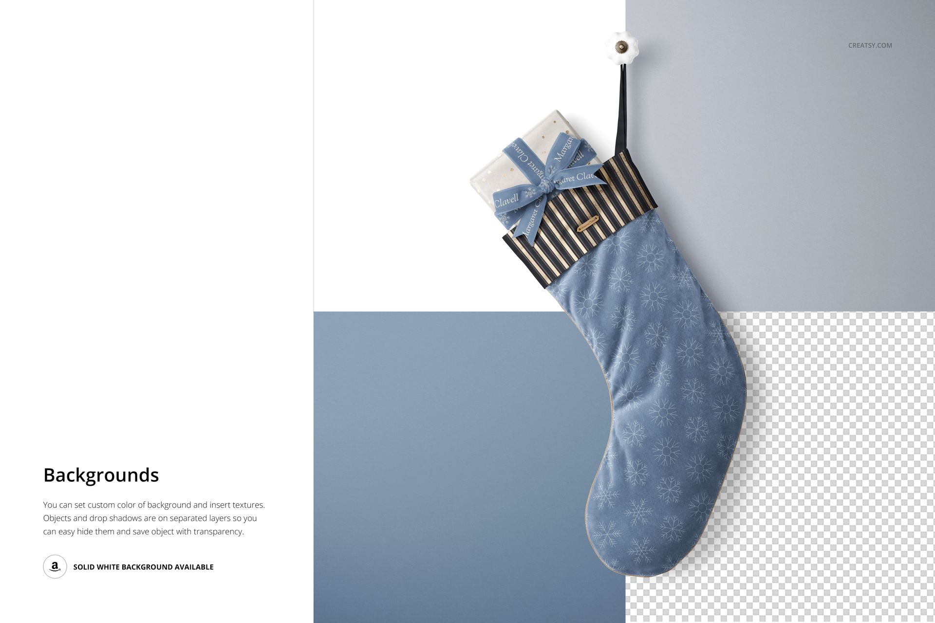 Blue velvet Christmas stocking mockup with snowflake pattern, front view, hanging and holding a wrapped gift.