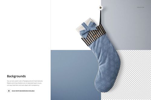 Blue velvet Christmas stocking mockup with snowflake pattern, front view, hanging and holding a wrapped gift.