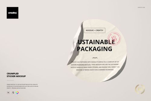 Round crumpled sticker with printed text and red stamp on a light background, front view, packaging mockup.