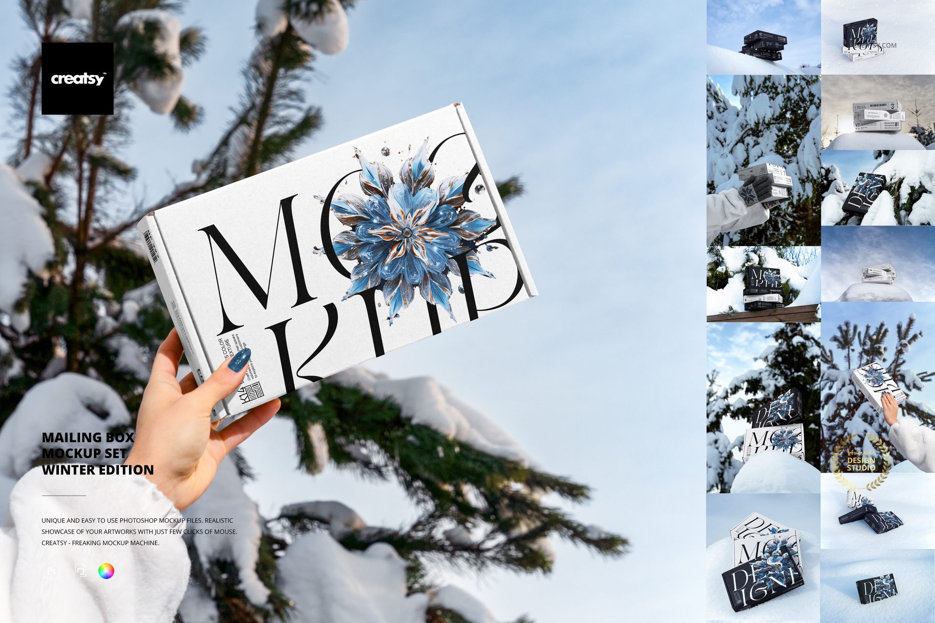 Winter edition mailing box mockup featuring bold text and icy blue floral pattern, shown outdoors in snowy scenery.