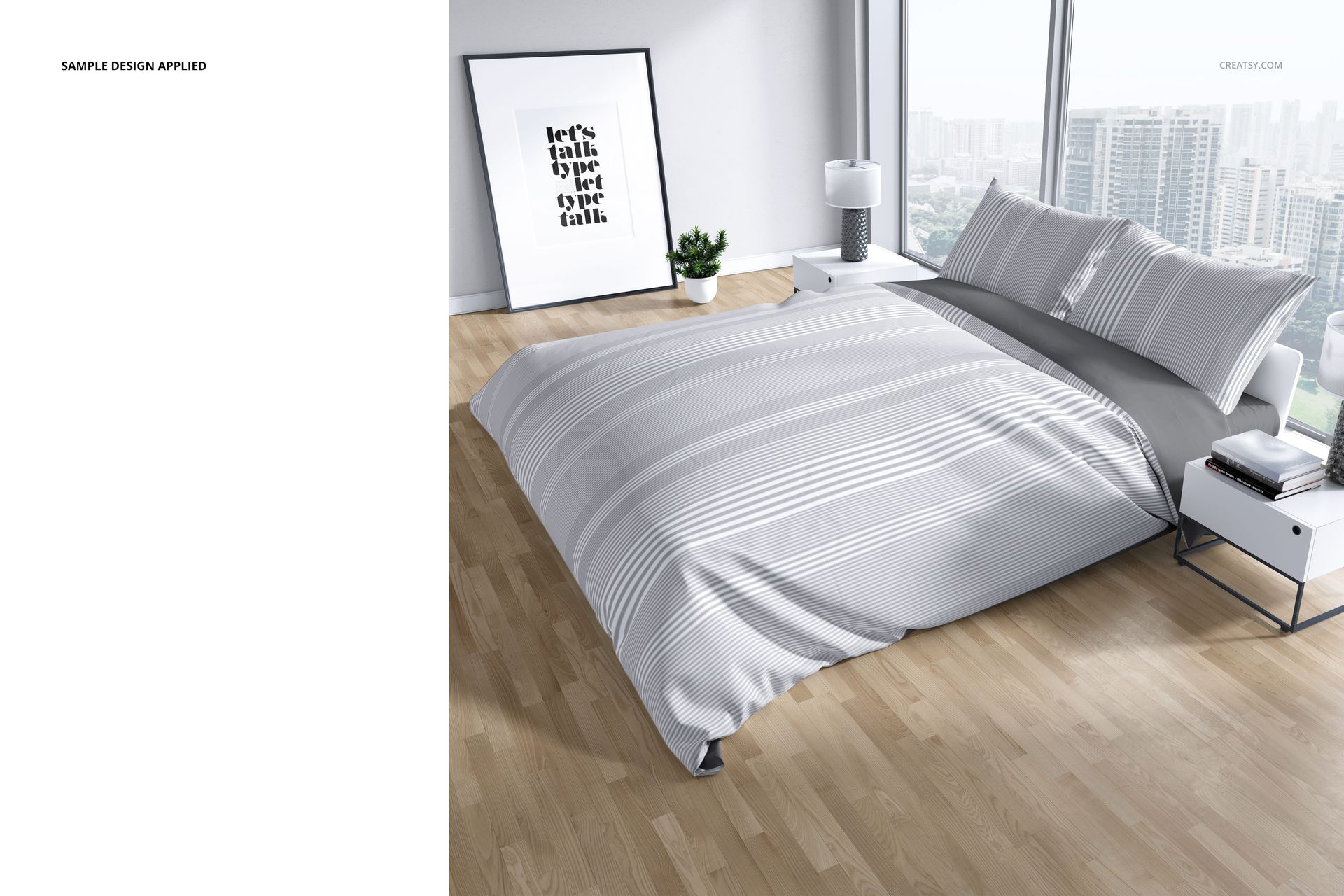 Bedding mockup featuring a neatly made bed with gray and white striped linens, city view through large windows.