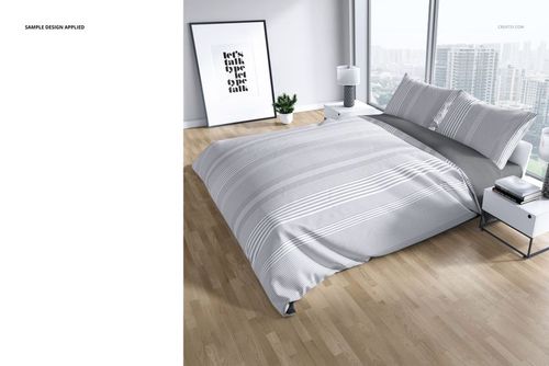 Bedding mockup featuring a neatly made bed with gray and white striped linens, city view through large windows.