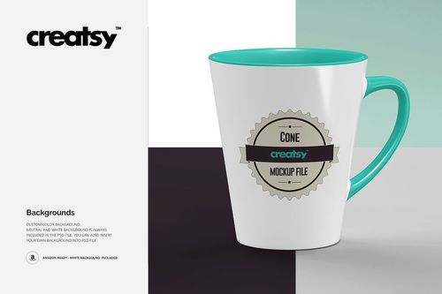 Cone-shaped mug with teal interior and handle, displayed on a geometric background in a PSD mockup layout.