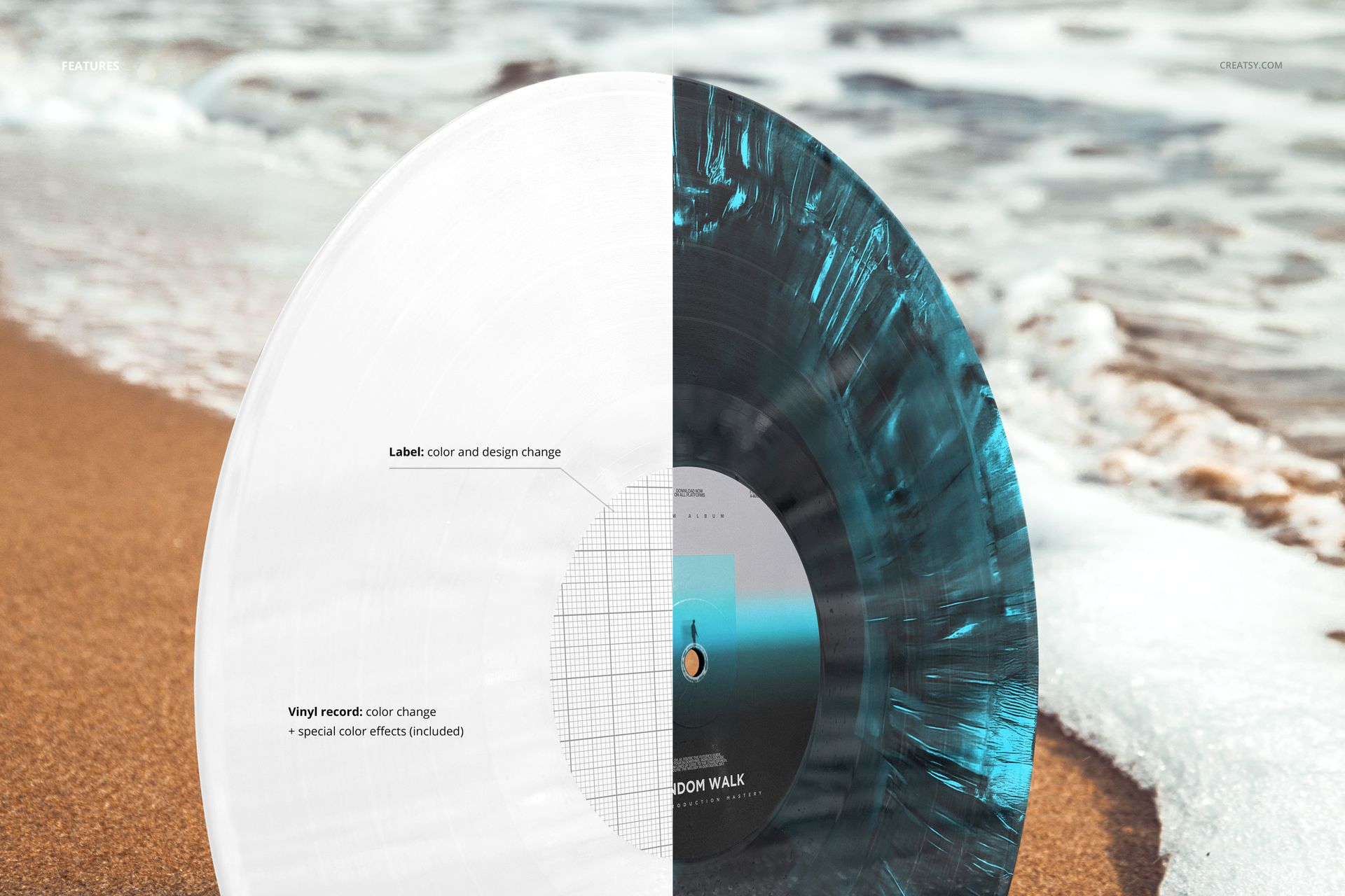 Vinyl record mockup displayed on sandy beach with ocean waves in background, showing split color effects.