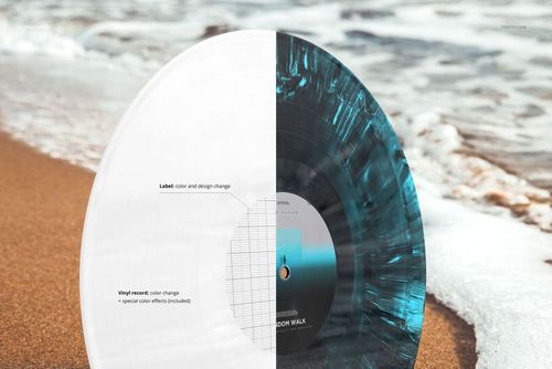 Vinyl record mockup displayed on sandy beach with ocean waves in background, showing split color effects.