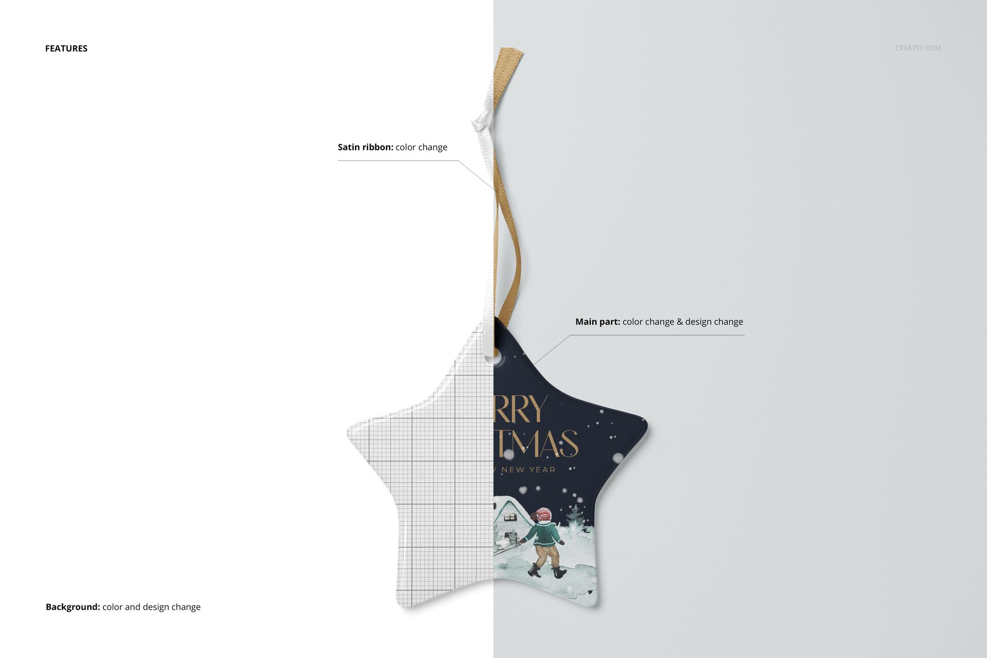 Star-shaped ceramic Christmas ornament mockup with satin ribbon, shown in split view with design and grid pattern.