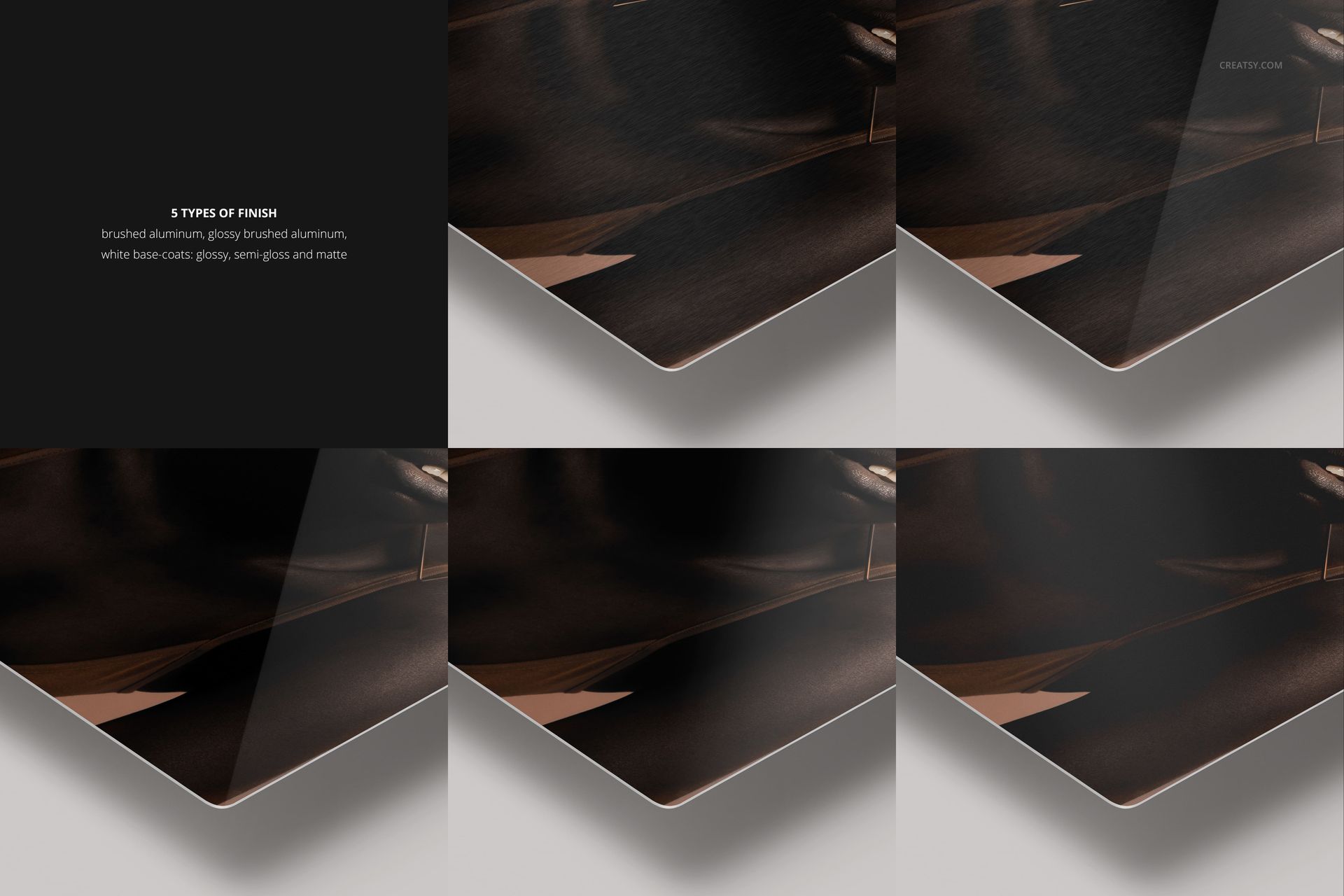 Close-up front view of five aluminum print mockup samples showing different finishes on a dark surface background.