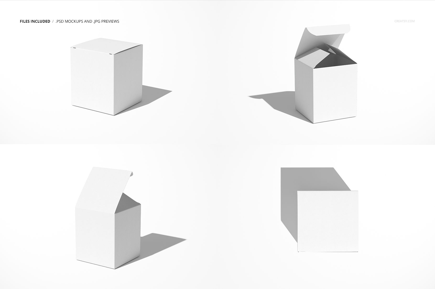 Set of four 30cl candle box mockups in various open and closed positions, viewed from multiple perspectives.