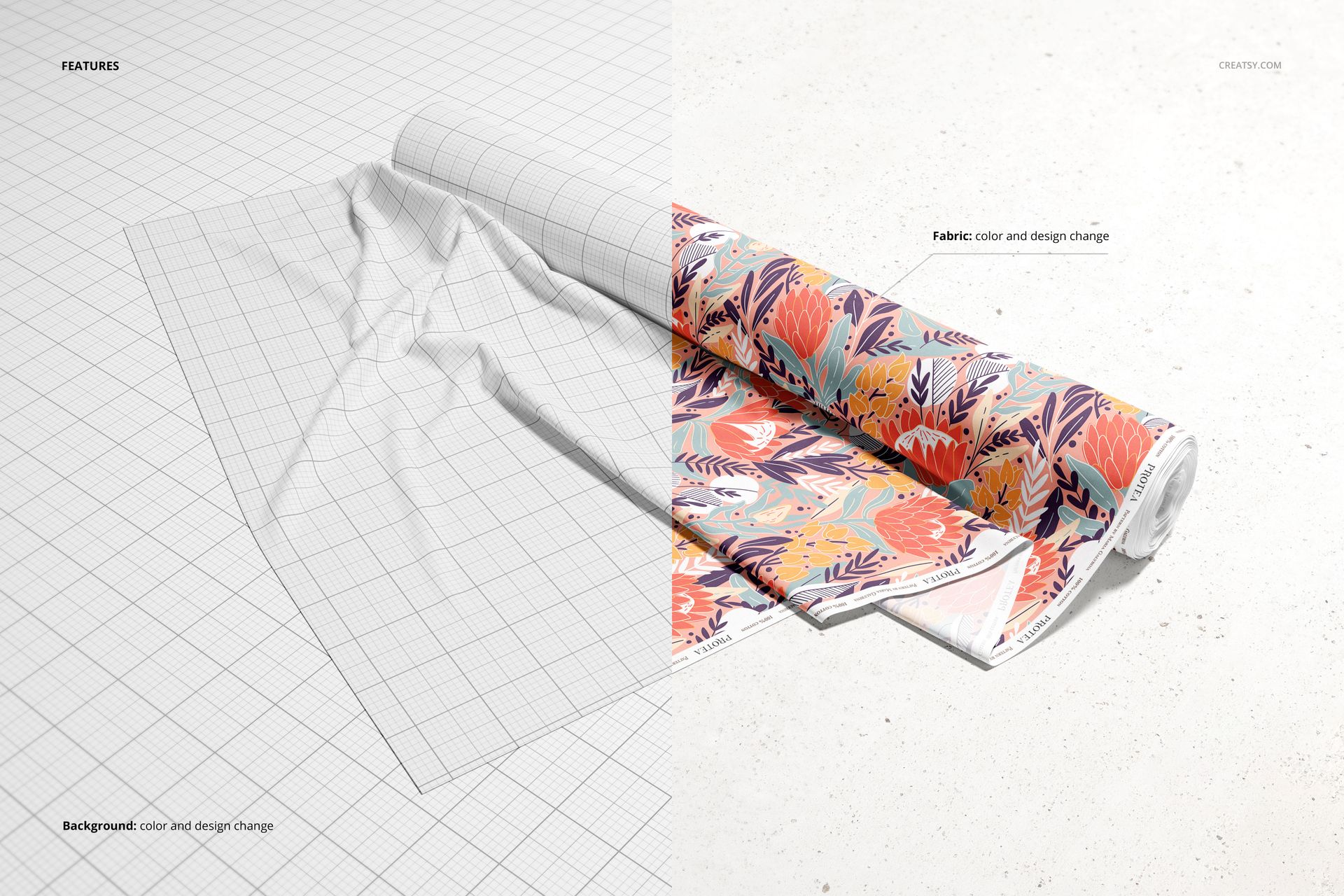 Fabric roll mockup showing a partially unrolled textile with a colorful floral pattern on a light surface, split with a grid overlay.