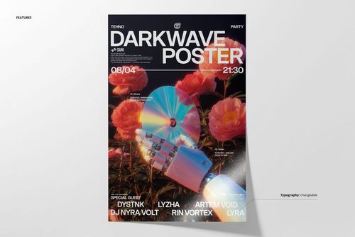 Poster mockup with a cybernetic hand grasping a disc, surrounded by orange flowers and techno-themed typography.