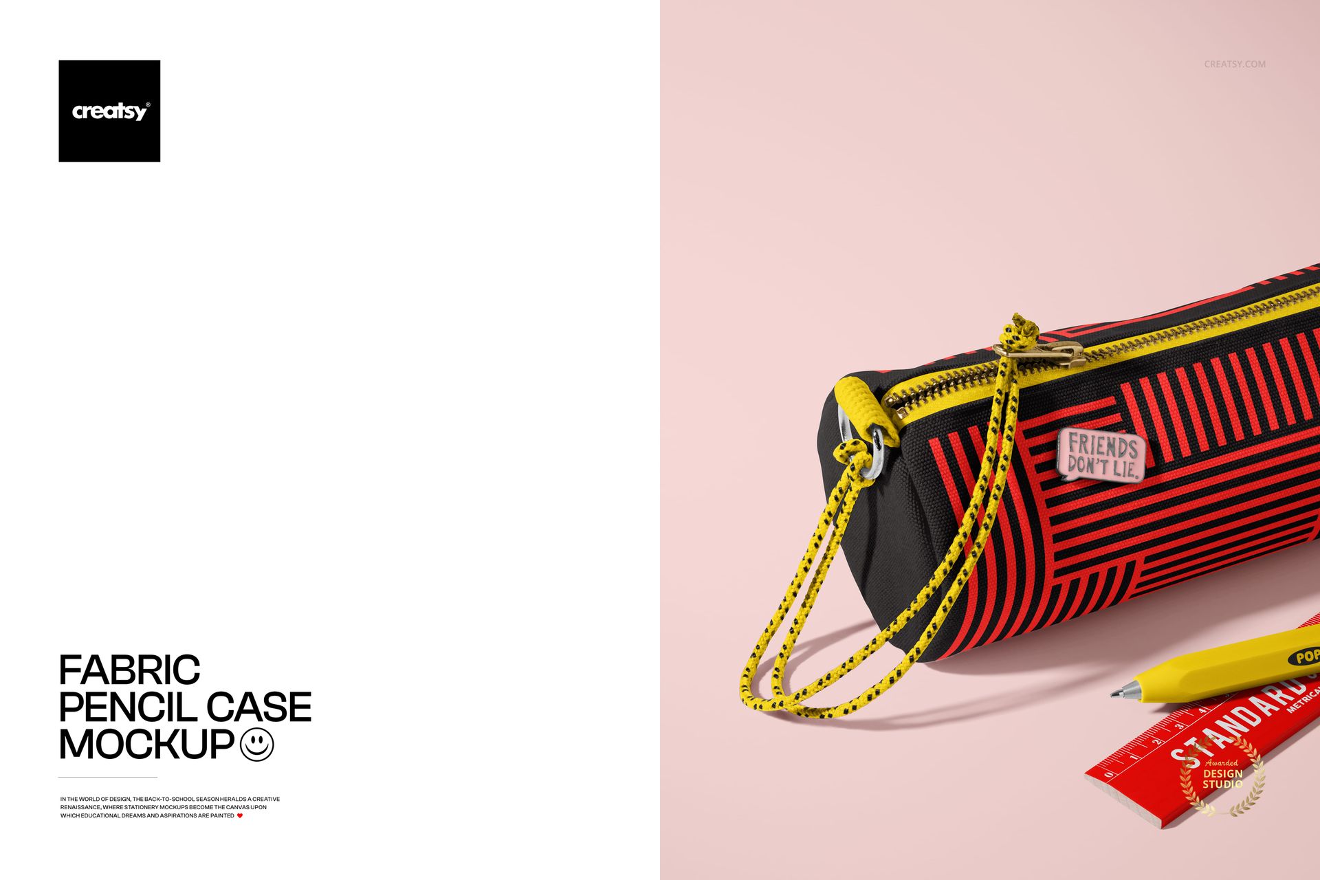 Mockup of a striped fabric pencil case with a yellow zipper and cord, shown with a pencil and eraser on a pink background.